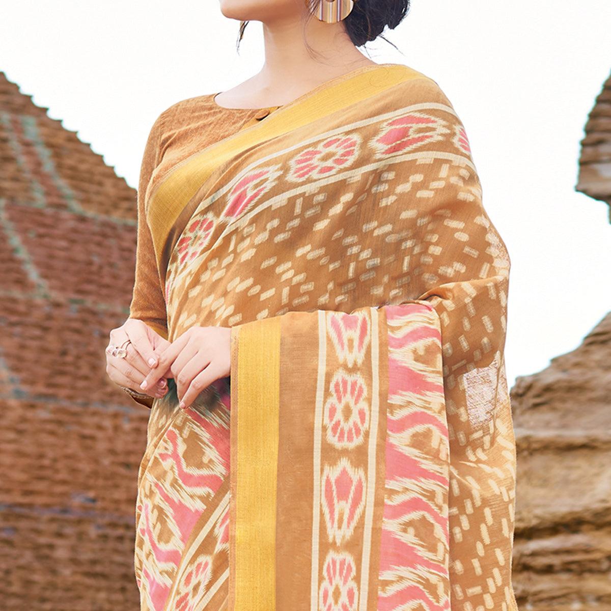 Unique Light Brown Colored Casual Wear Printed Cotton Saree - Peachmode