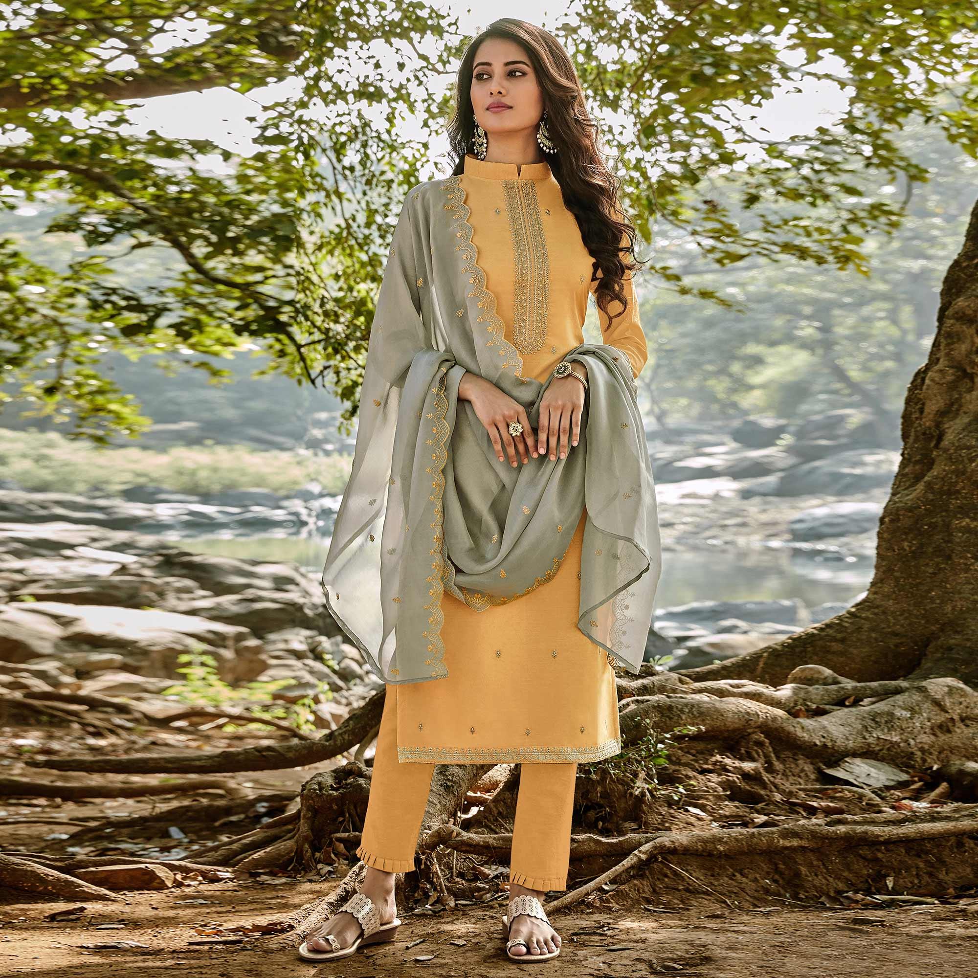 Unique Light Yellow Colored Partywear Embroidered Chanderi Suit - Peachmode