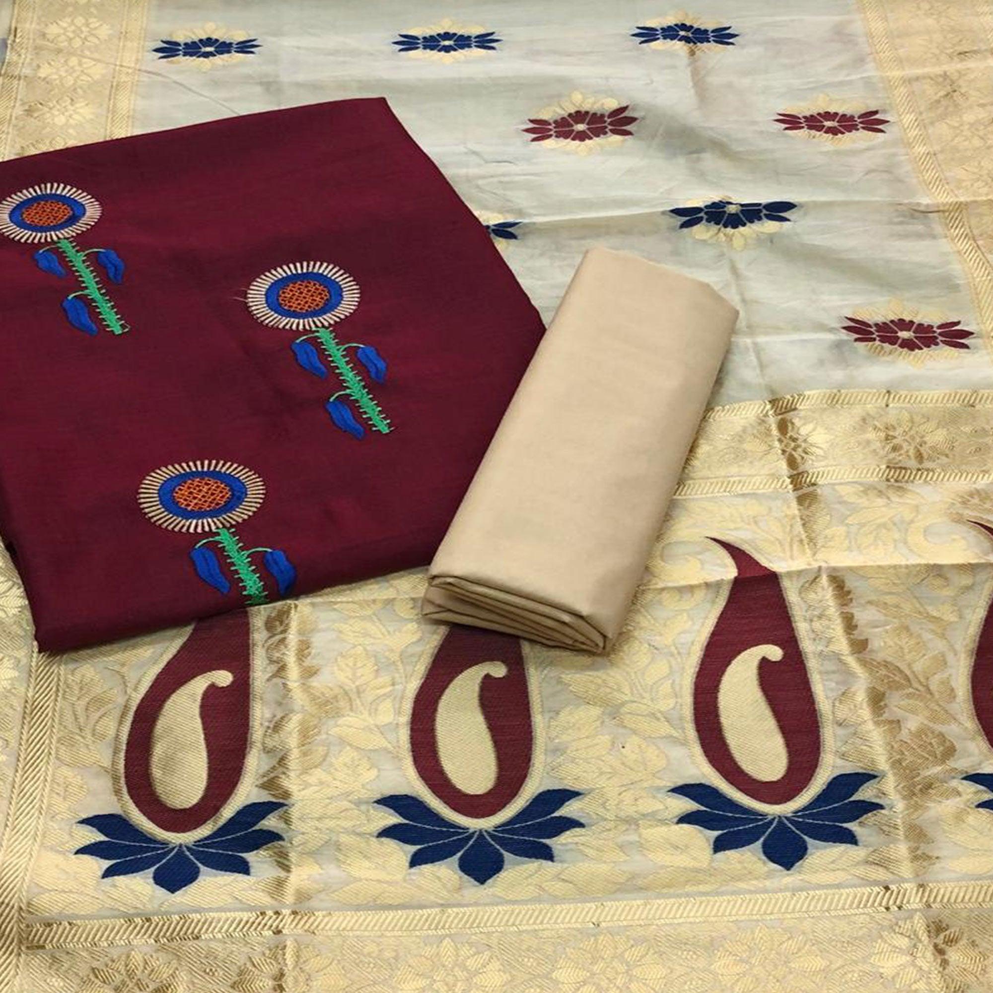 Unique Maroon Colored Casual Wear Embroidered Cotton Dress Material With Banarasi Silk Dupatta - Peachmode