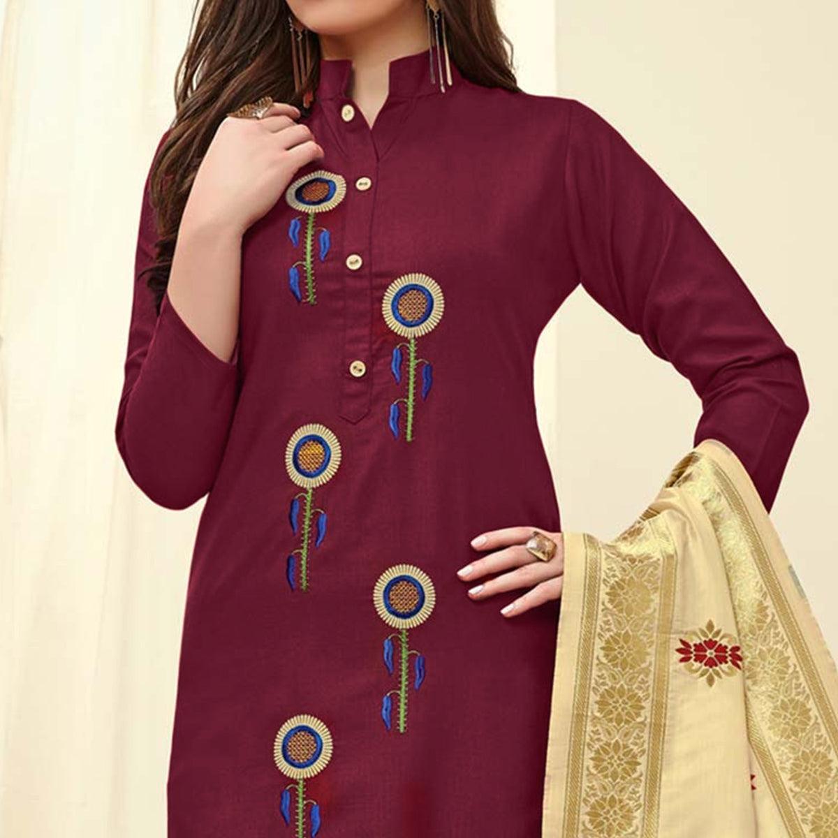 Unique Maroon Colored Casual Wear Embroidered Cotton Dress Material With Banarasi Silk Dupatta - Peachmode