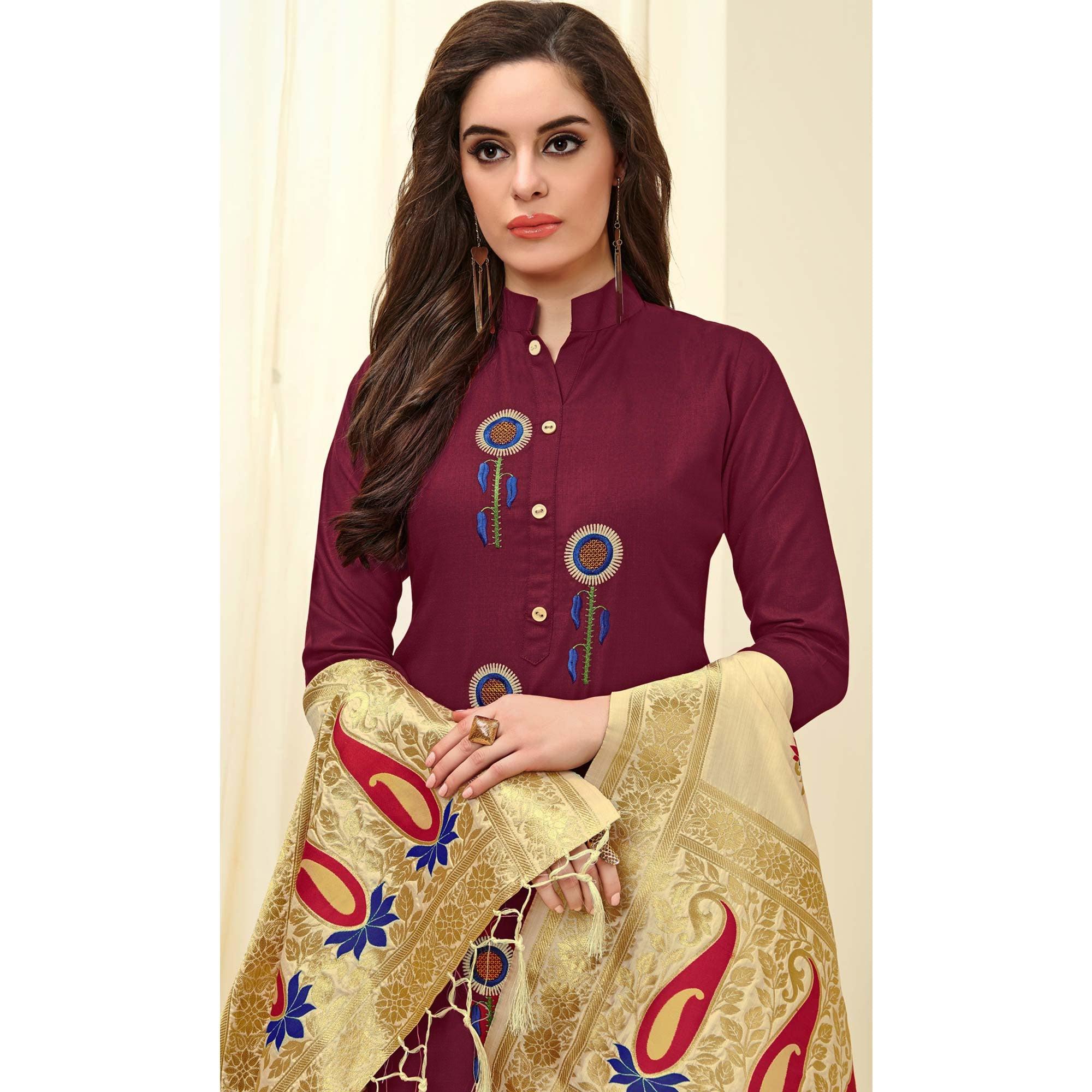 Unique Maroon Colored Casual Wear Embroidered Cotton Dress Material With Banarasi Silk Dupatta - Peachmode