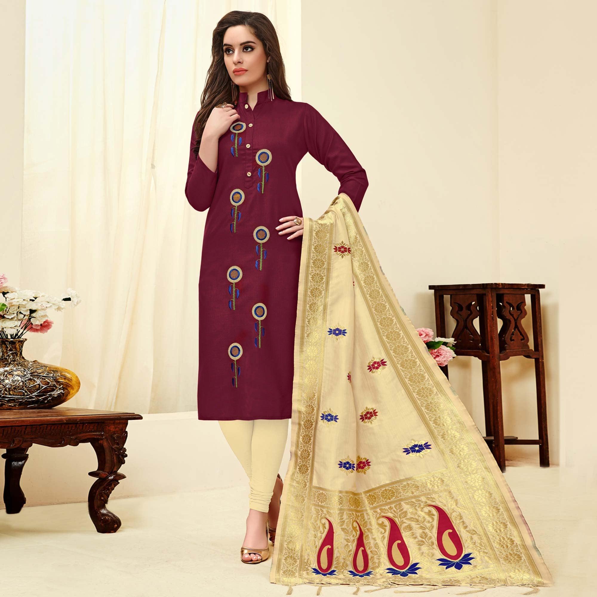 Unique Maroon Colored Casual Wear Embroidered Cotton Dress Material With Banarasi Silk Dupatta - Peachmode