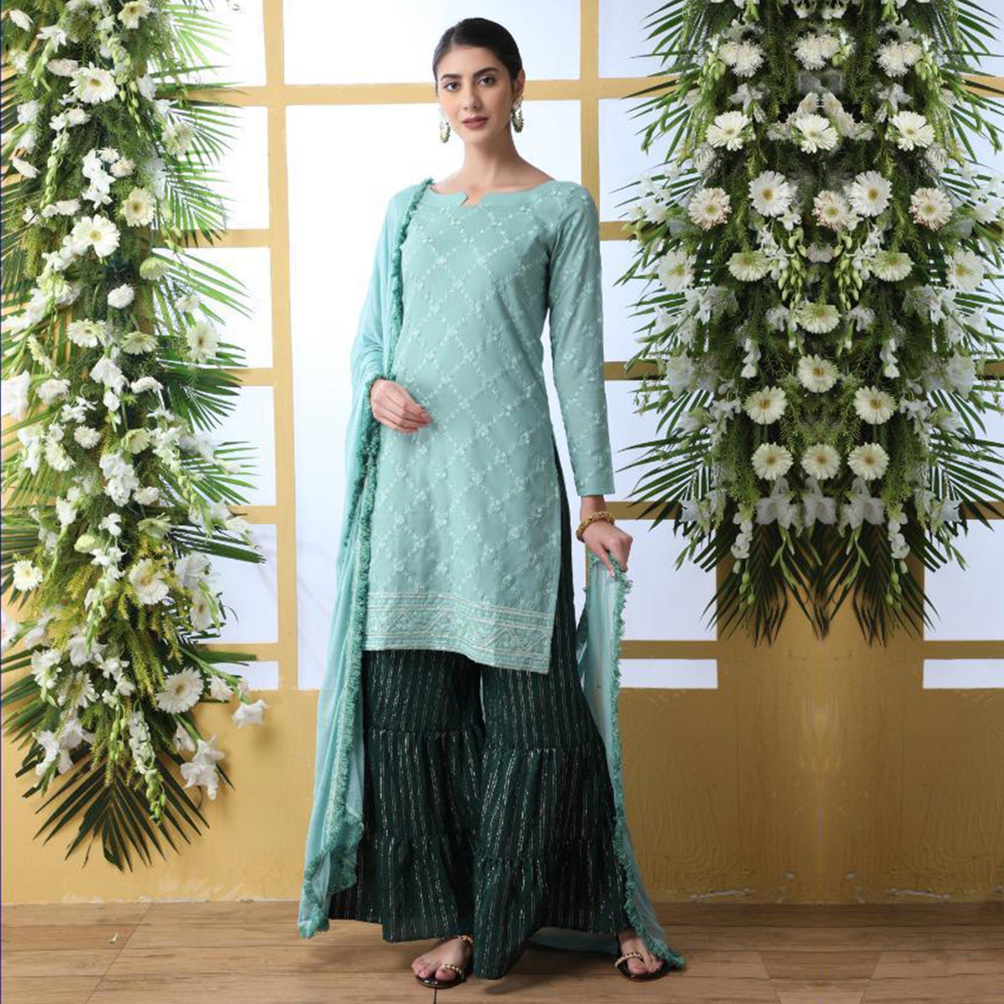 Unique Mint Green Colored Party Wear Embroidered Soft Cotton Palazzo Suit - Peachmode