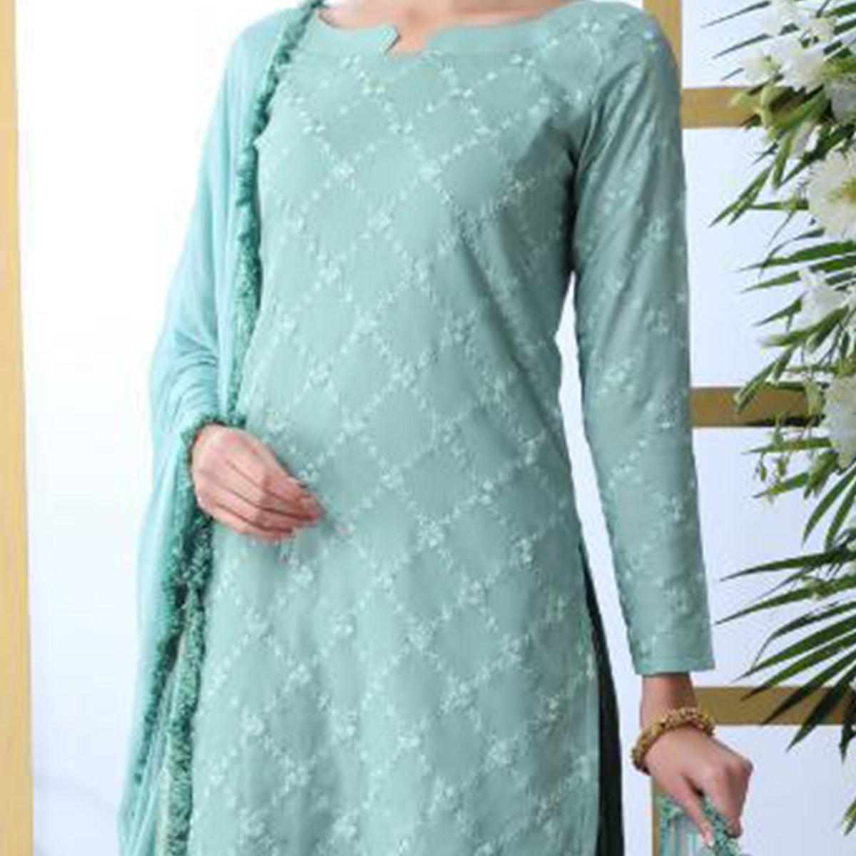 Unique Mint Green Colored Party Wear Embroidered Soft Cotton Palazzo Suit - Peachmode