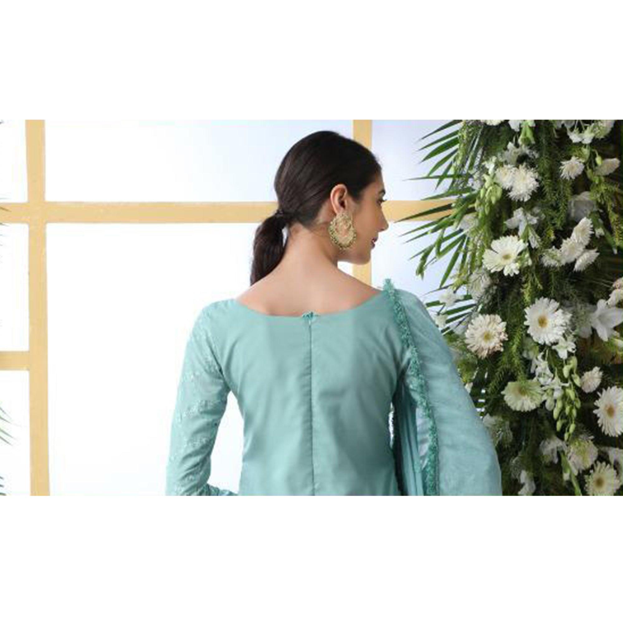 Unique Mint Green Colored Party Wear Embroidered Soft Cotton Palazzo Suit - Peachmode