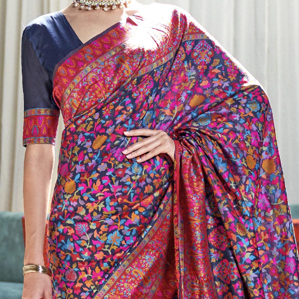 Unique Multi Coloured Festive Wear Handloom Woven Silk Saree - Peachmode