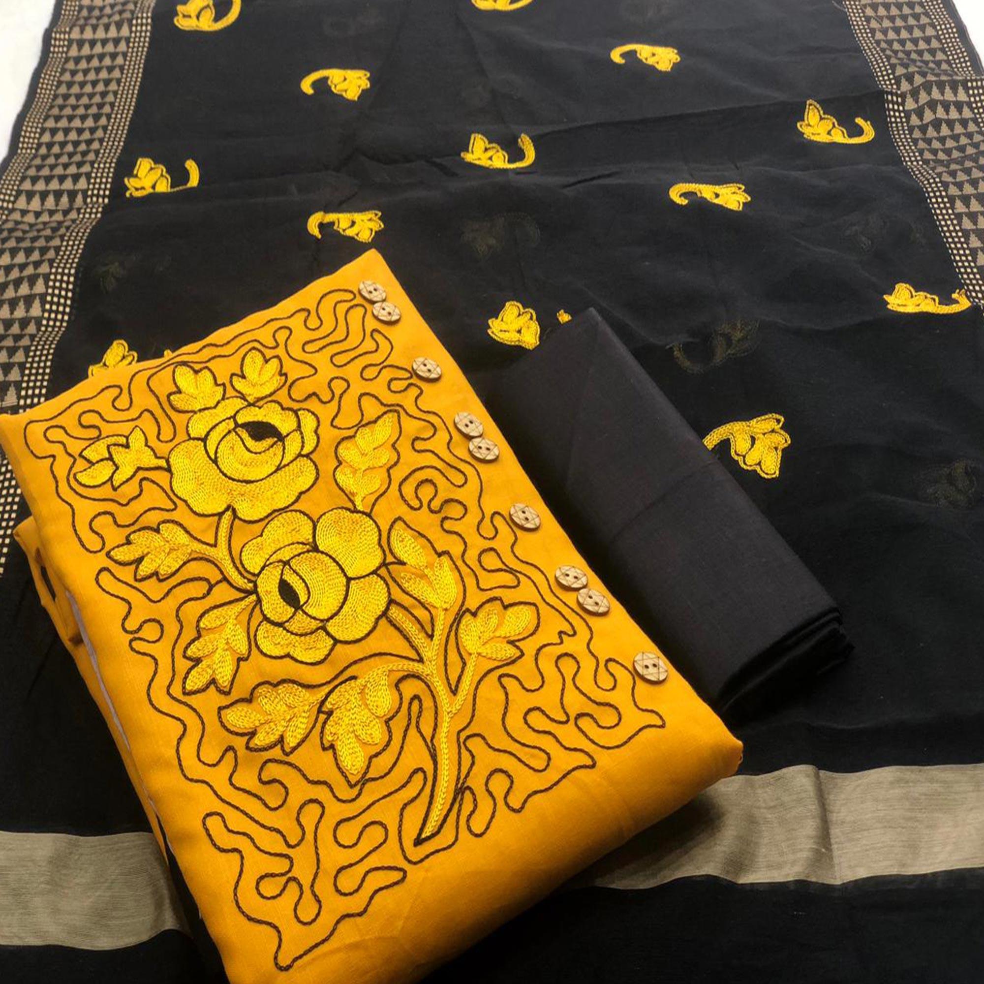 Unique Mustard Colored Partywear Embroidered Cotton Dress Material - Peachmode
