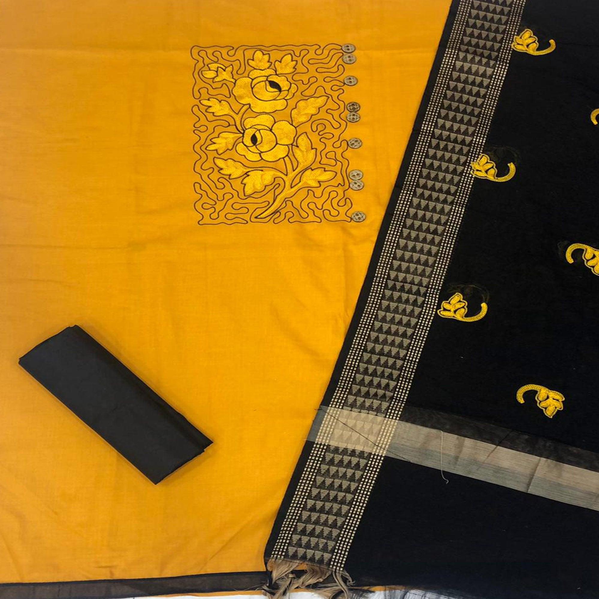 Unique Mustard Colored Partywear Embroidered Cotton Dress Material - Peachmode