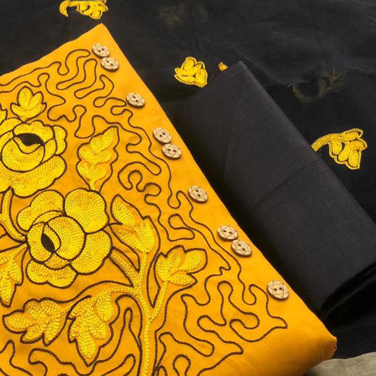 Unique Mustard Colored Partywear Embroidered Cotton Dress Material - Peachmode