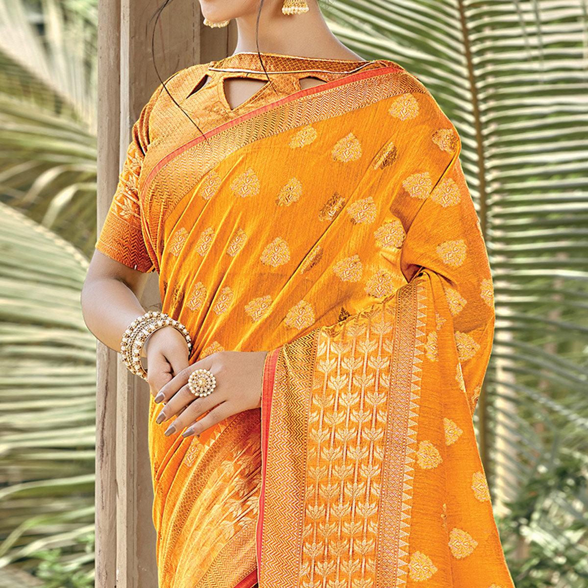 Unique Mustard Yellow Colored Festive Wear Woven Handloom Cotton Saree - Peachmode