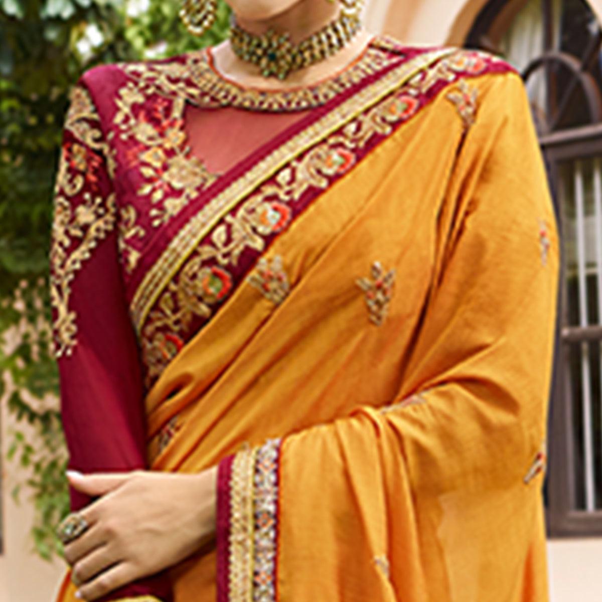 Unique Mustard Yellow Colored Partywear Embroidered Cotton Silk Saree - Peachmode