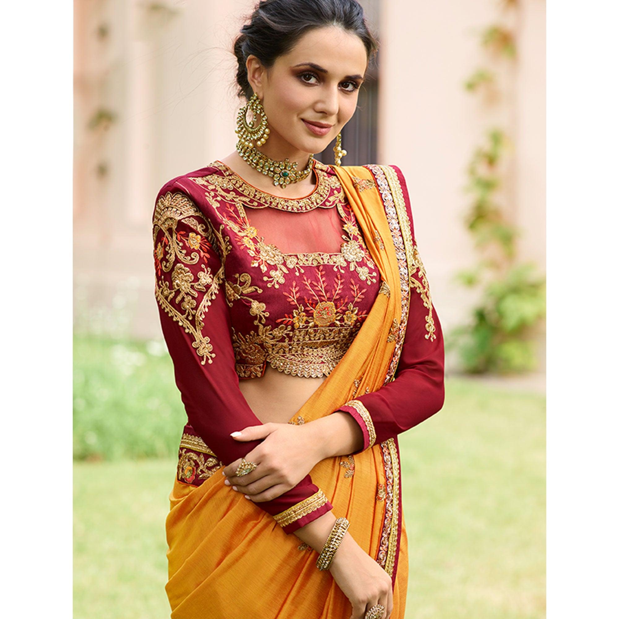 Unique Mustard Yellow Colored Partywear Embroidered Cotton Silk Saree - Peachmode