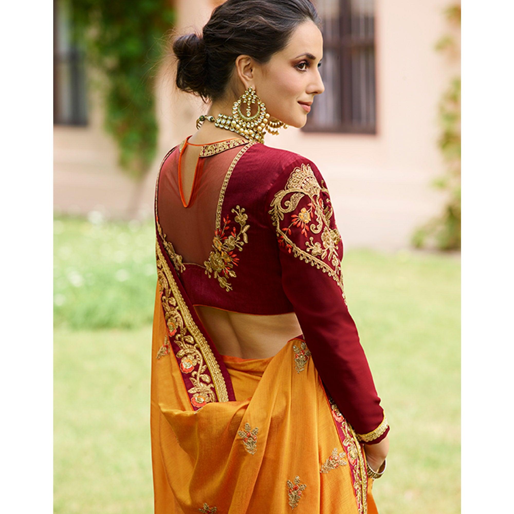 Unique Mustard Yellow Colored Partywear Embroidered Cotton Silk Saree - Peachmode
