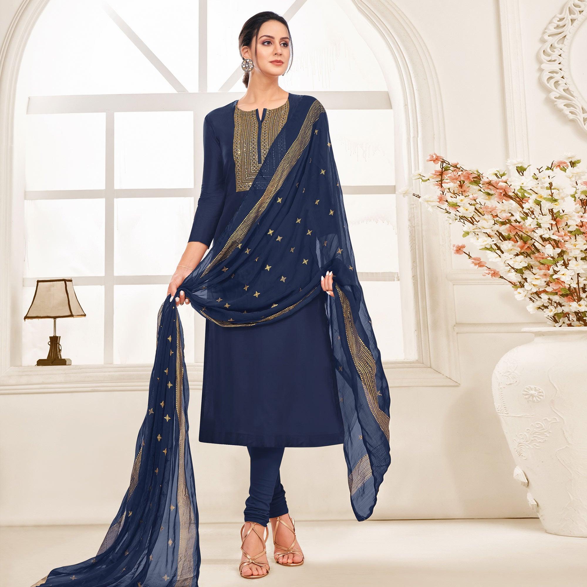 Unique Navy Blue Colored Casual Wear Embroidered Chanderi Dress Material - Peachmode