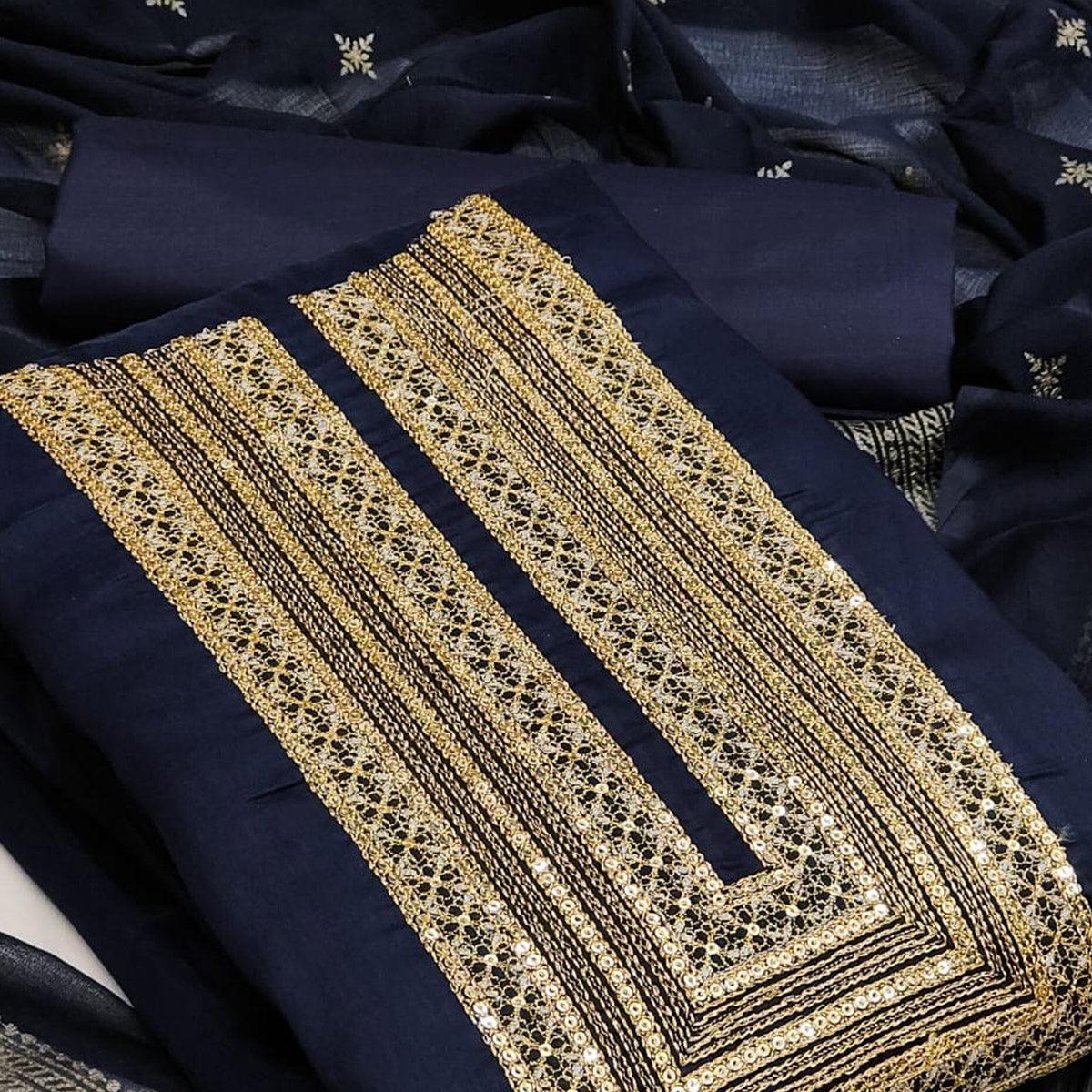 Unique Navy Blue Colored Casual Wear Embroidered Chanderi Dress Material - Peachmode