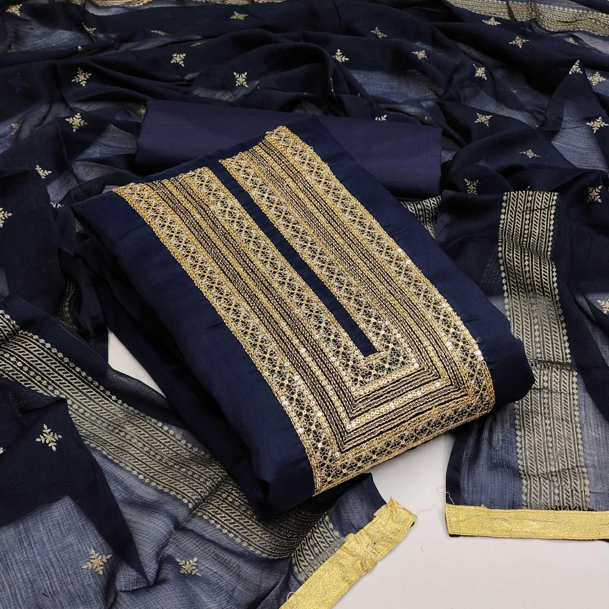 Unique Navy Blue Colored Casual Wear Embroidered Chanderi Dress Material - Peachmode