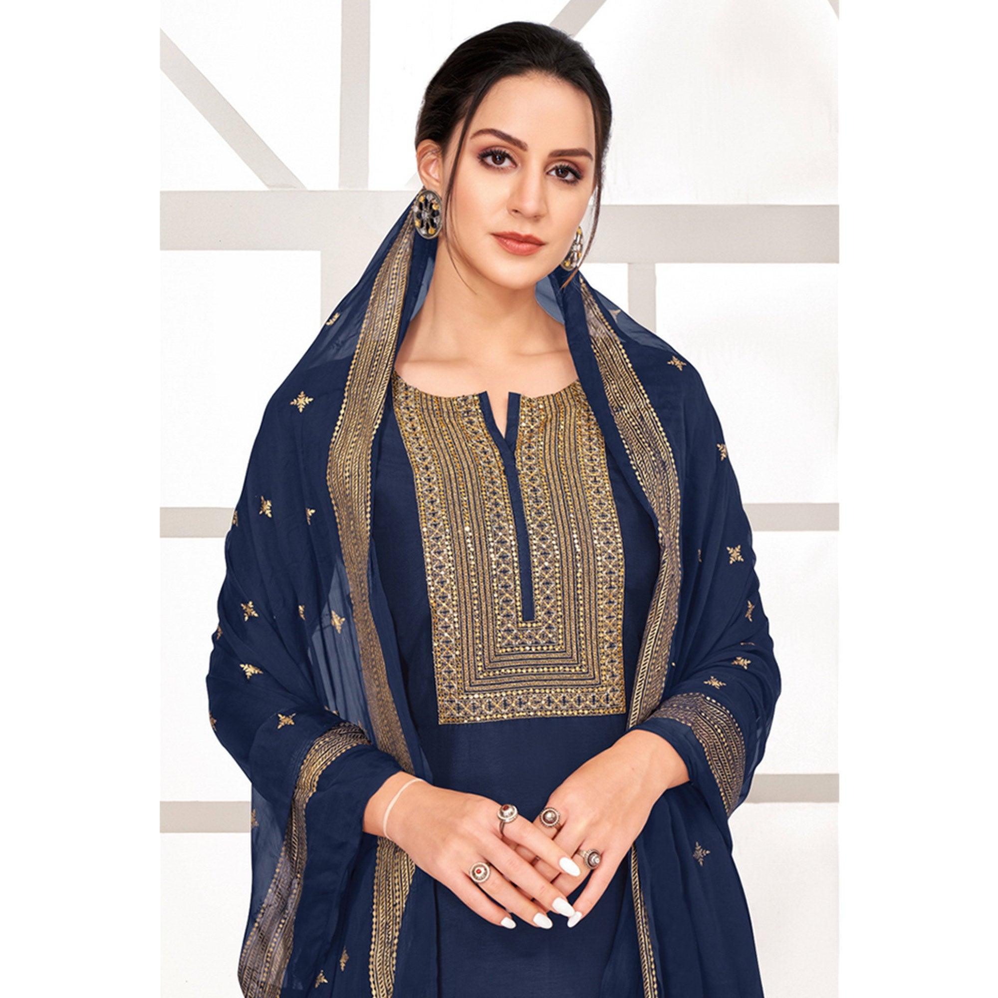 Unique Navy Blue Colored Casual Wear Embroidered Chanderi Dress Material - Peachmode