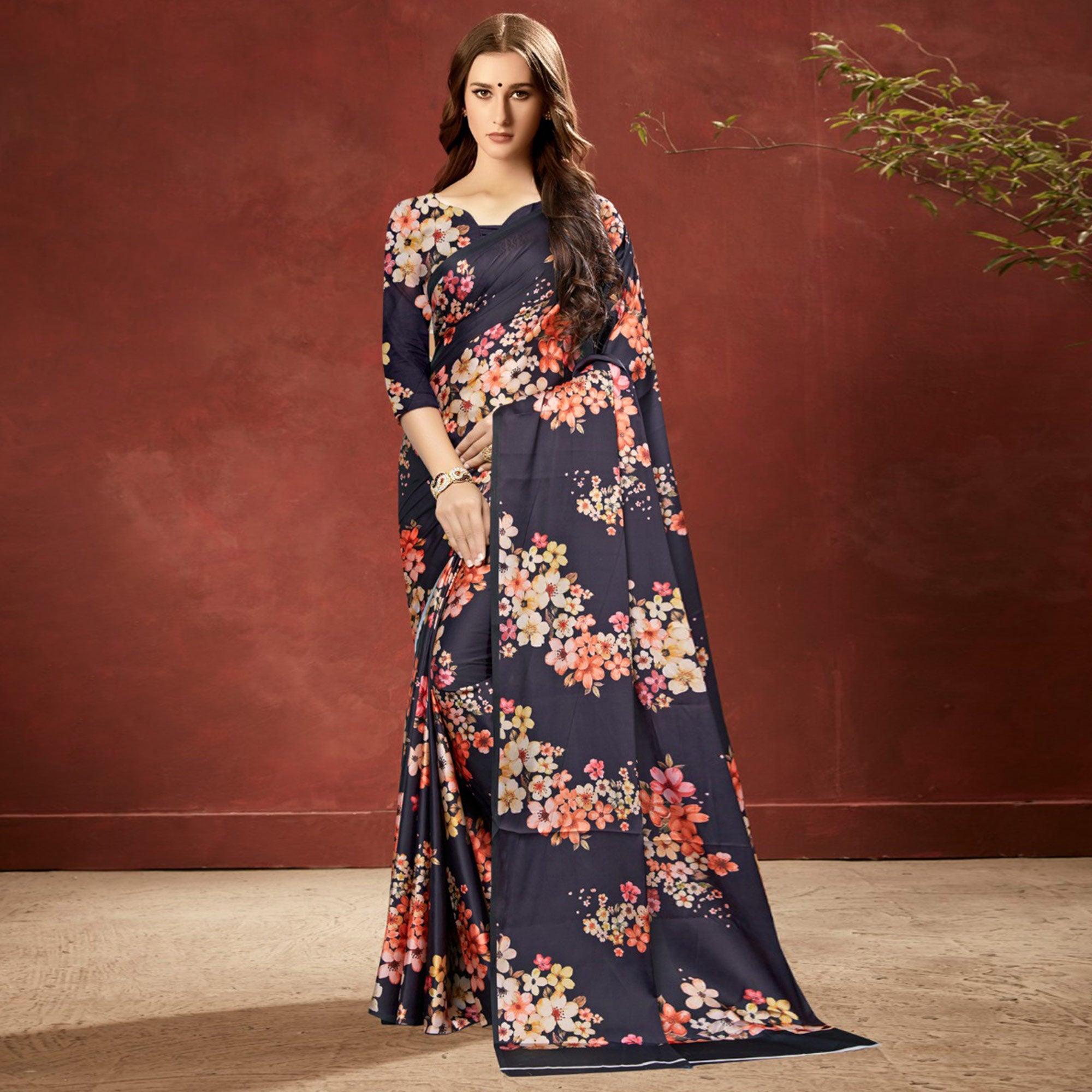 Unique Navy Blue Colored Casual Wear Printed Satin Crepe Saree With Tassels - Peachmode