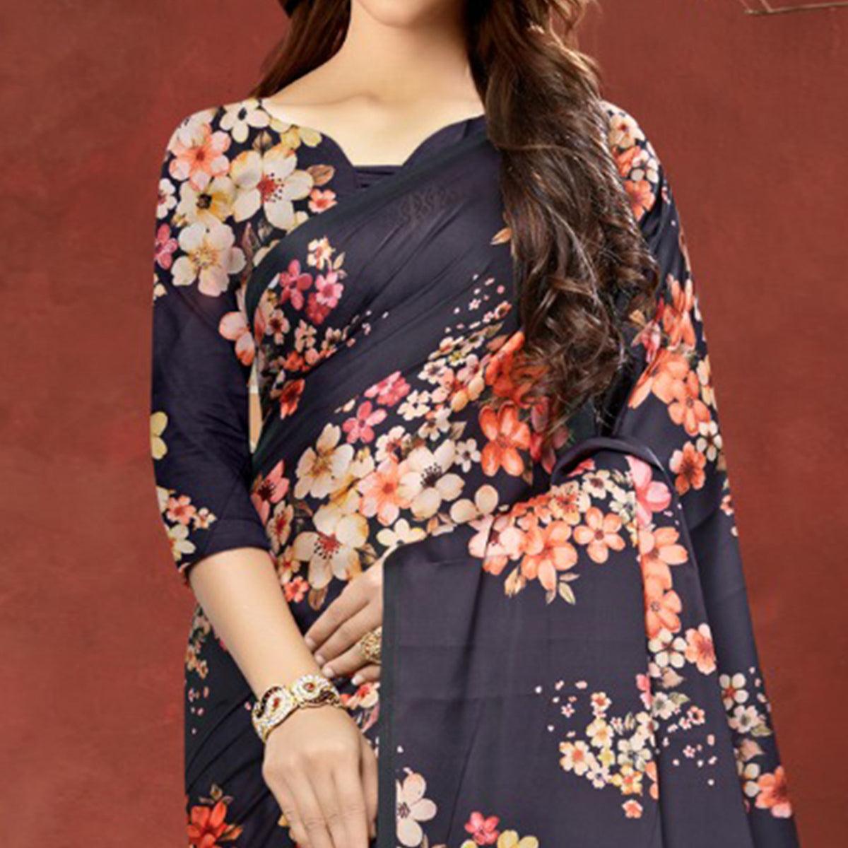 Unique Navy Blue Colored Casual Wear Printed Satin Crepe Saree With Tassels - Peachmode