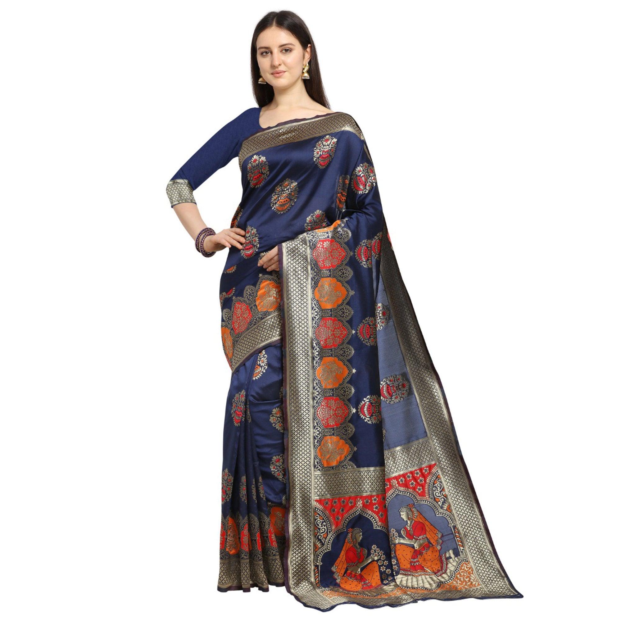 Unique Navy Blue Colored Festive Wear Woven Banarasi Silk Saree - Peachmode
