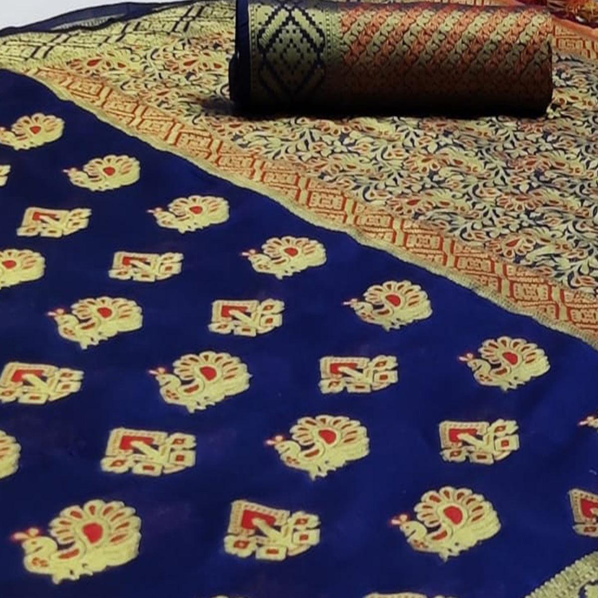 Unique Navy Blue Colored Festive Wear Woven Cotton Saree - Peachmode