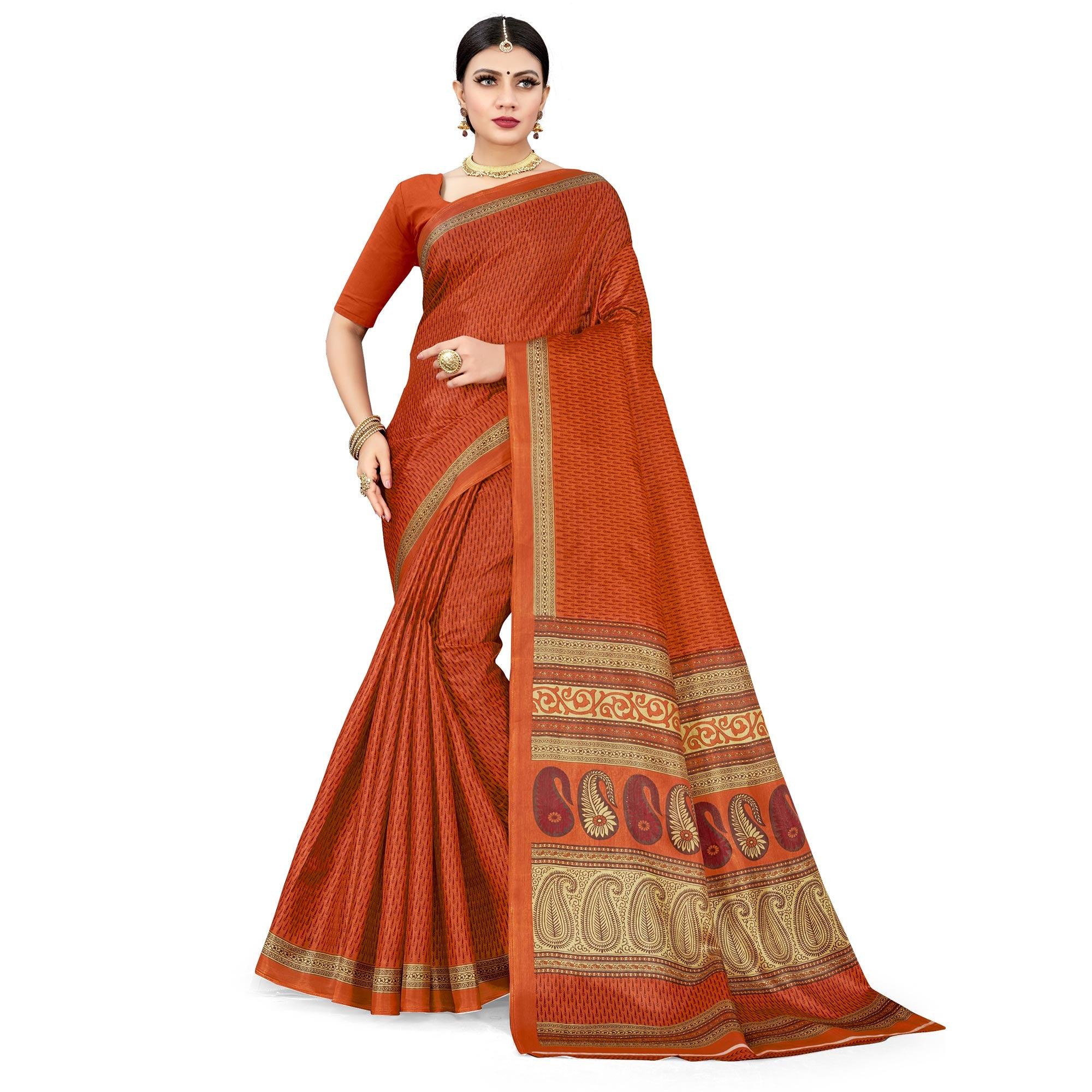 Unique Orange Colored Casual Wear Printed Cotton Silk Saree - Peachmode