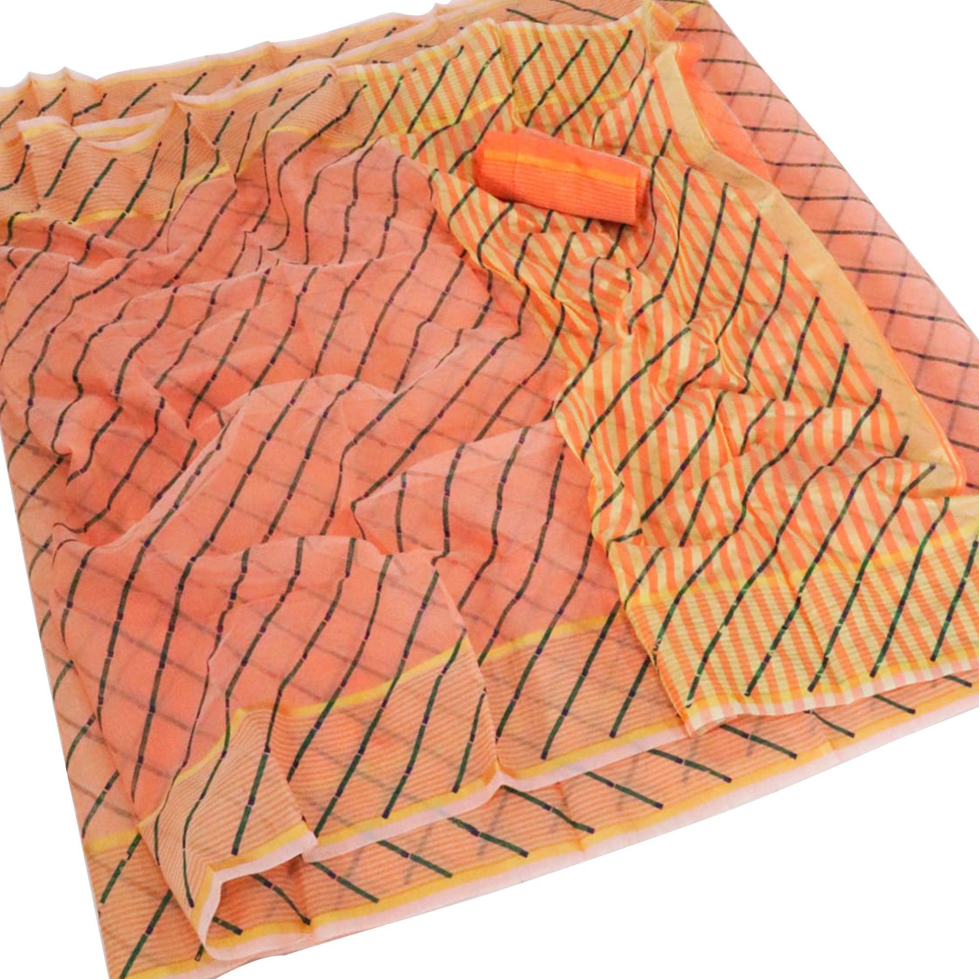 Unique Orange Colored Casual Wear Stripe Printed Kota Doria Cotton Saree With Tassels - Peachmode