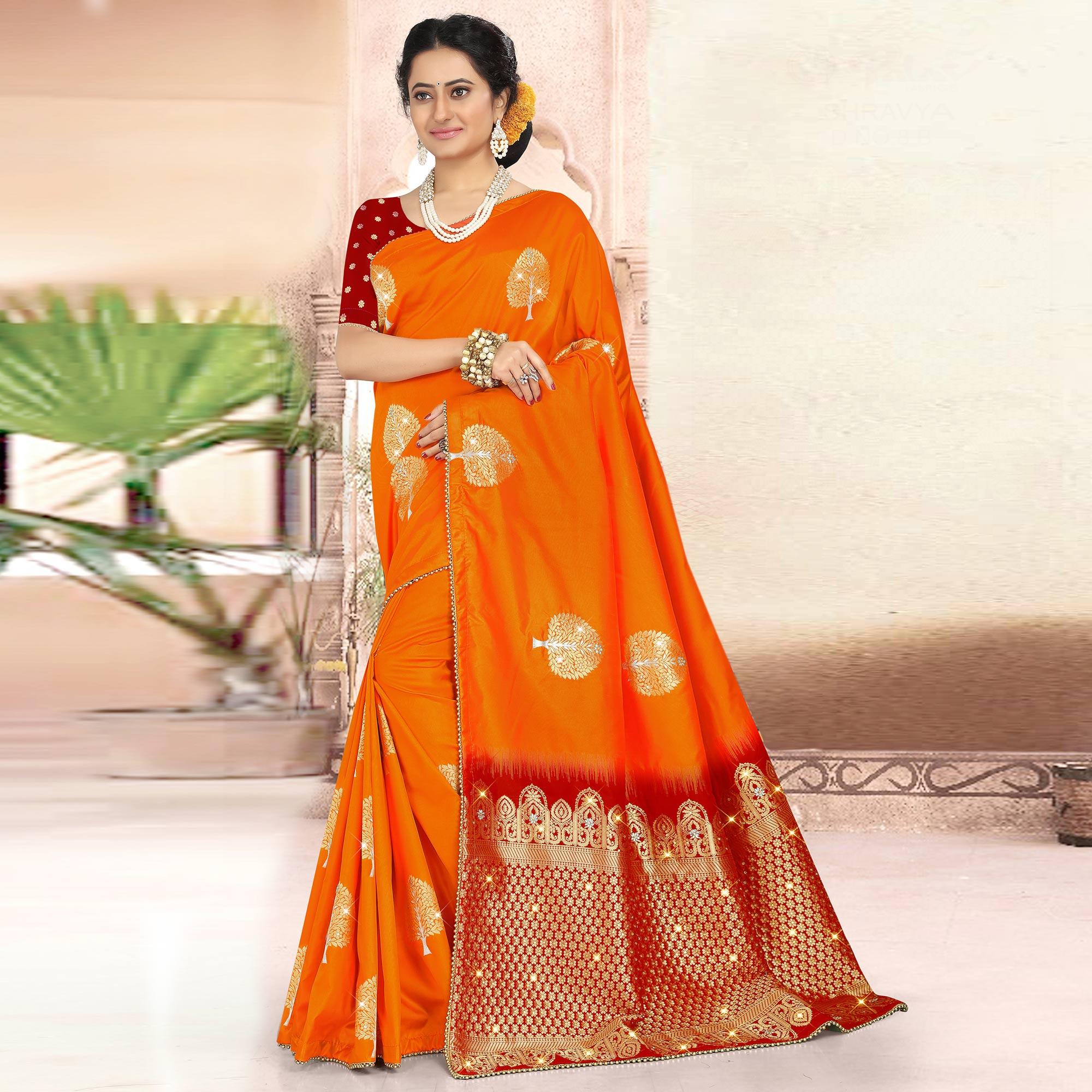 Unique Orange Colored Festive Wear Woven Banarasi Silk Saree - Peachmode