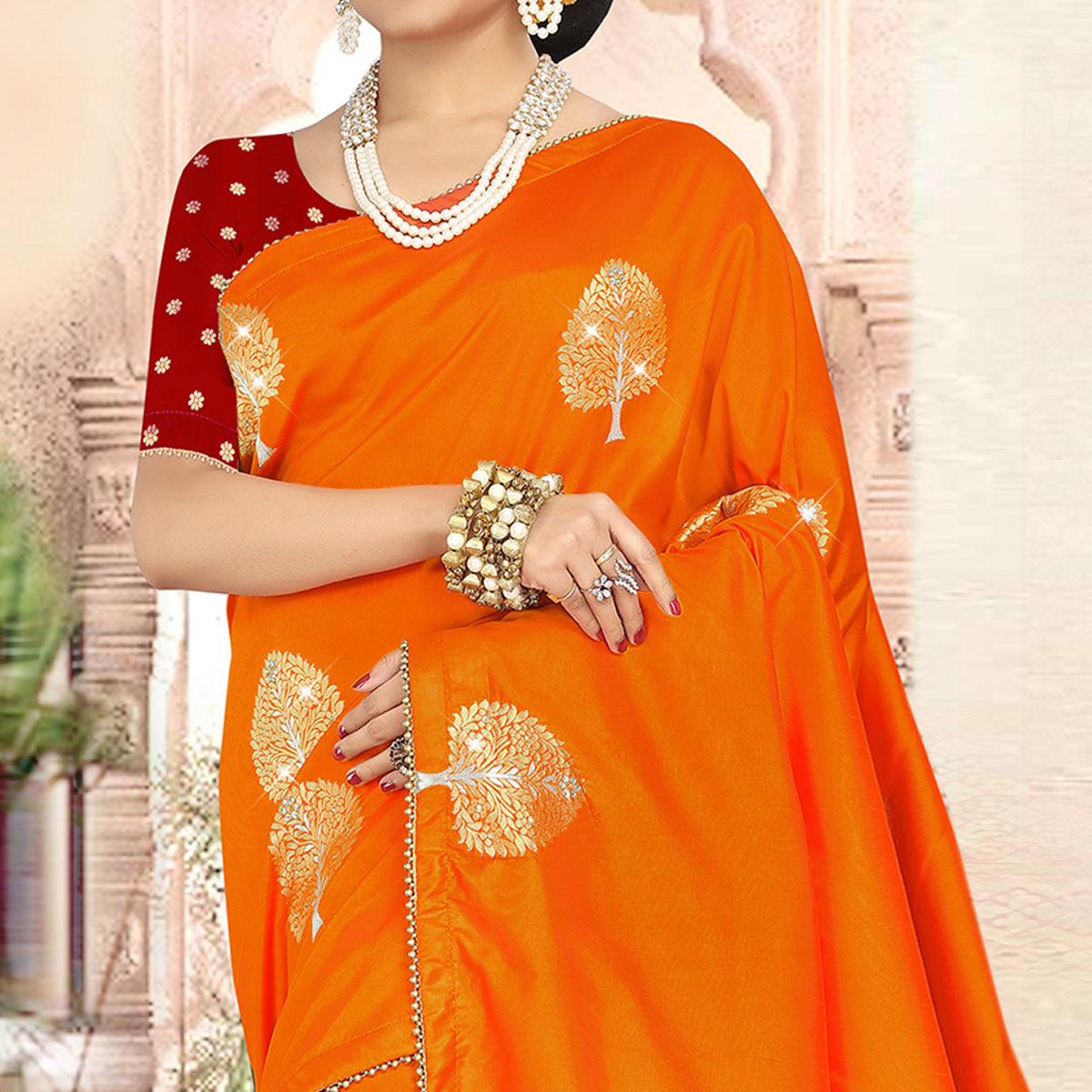 Unique Orange Colored Festive Wear Woven Banarasi Silk Saree - Peachmode