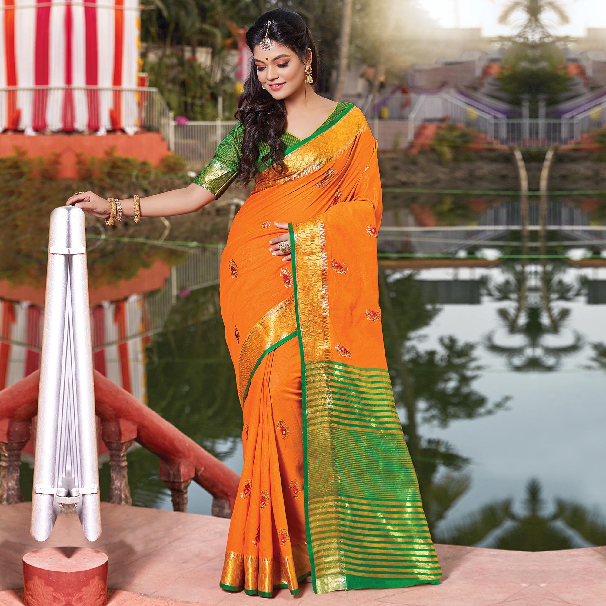 Unique Orange Colored Festive Wear Woven Cotton Silk Saree - Peachmode