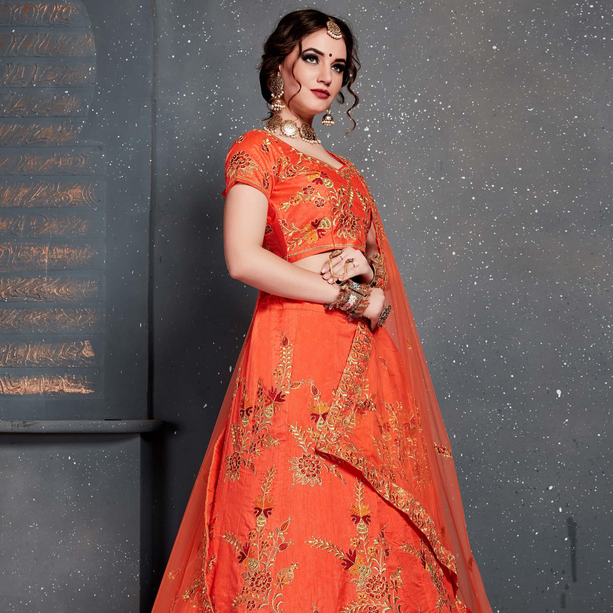 Unique Orange Colored Wedding Wear Embroidered Silk Lehenga Choli - Peachmode