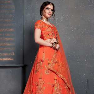 Unique Orange Colored Wedding Wear Embroidered Silk Lehenga Choli - Peachmode