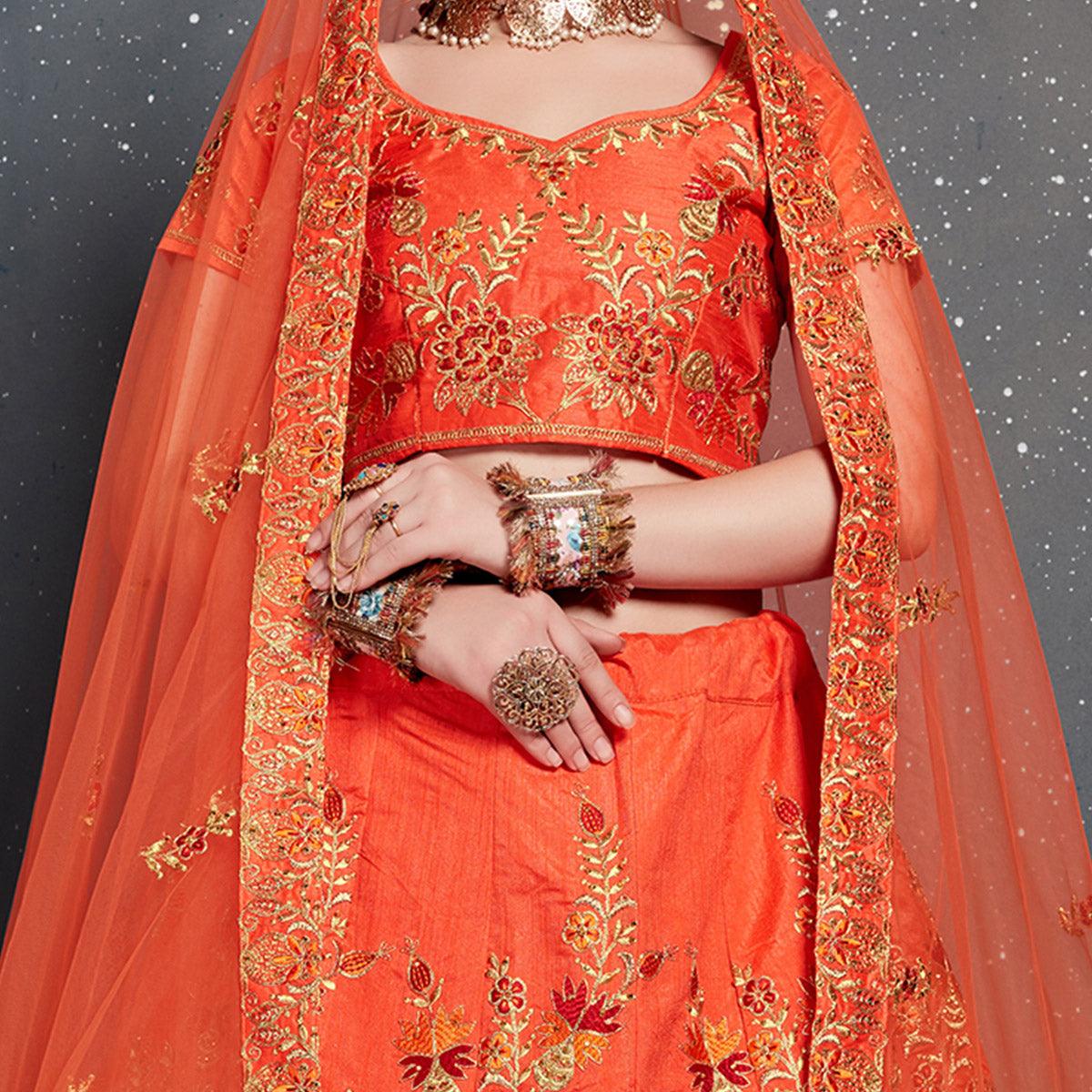 Unique Orange Colored Wedding Wear Embroidered Silk Lehenga Choli - Peachmode