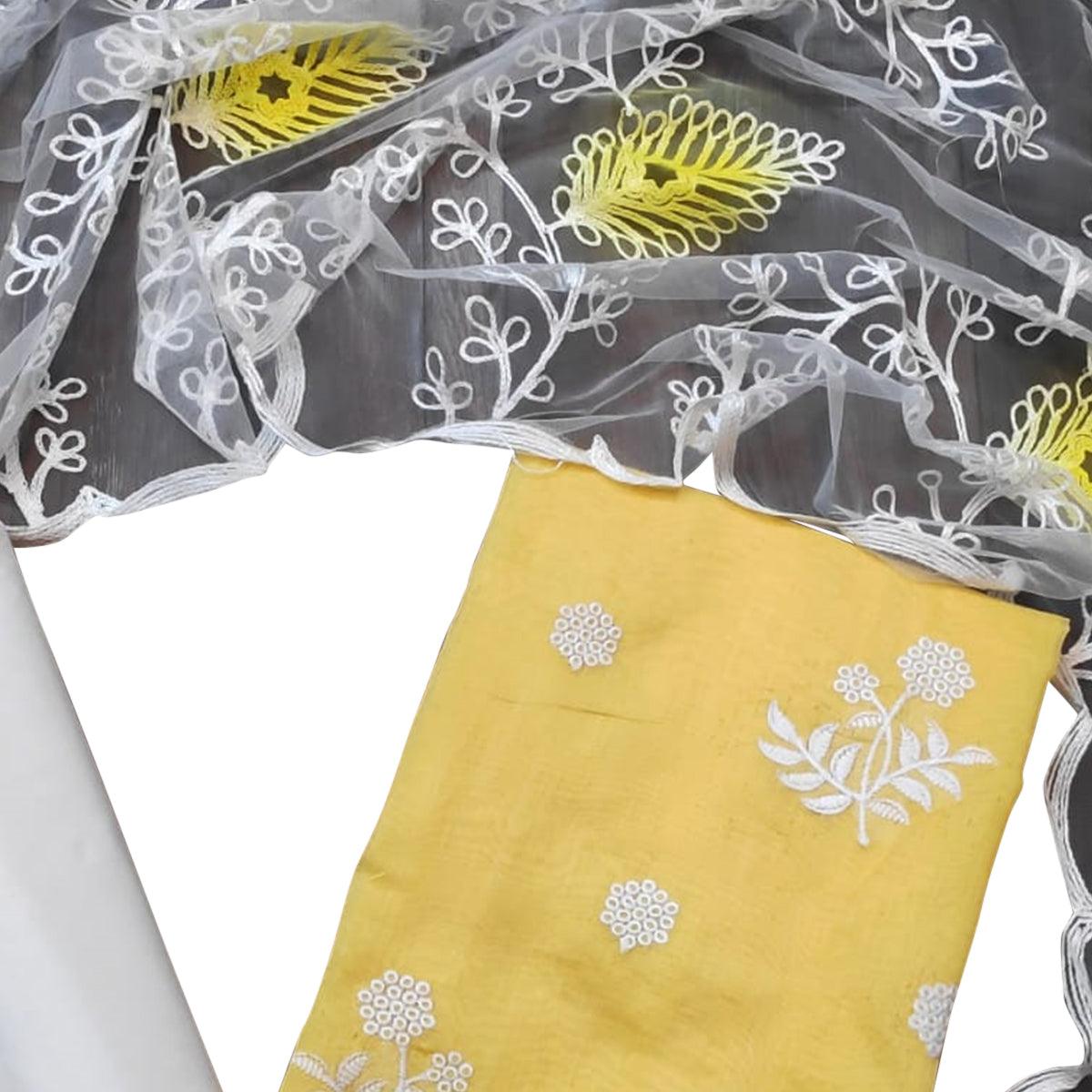 Unique Pastel Yellow Colored Casual Embroidered Chanderi Dress Material - Peachmode