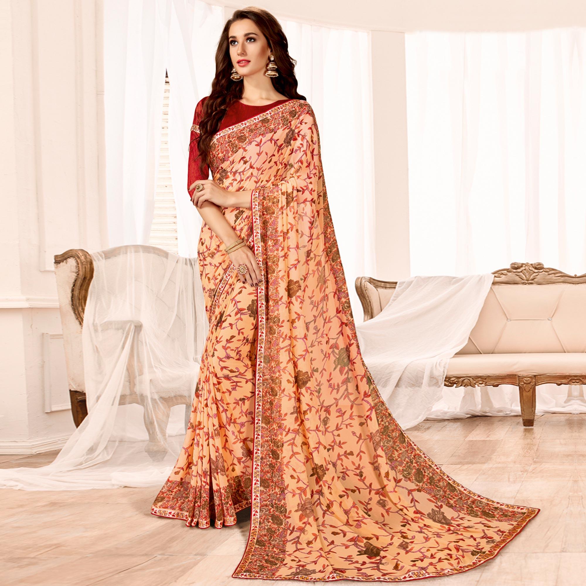 Unique Peach Colored Casual Wear Printed Georgette Saree - Peachmode