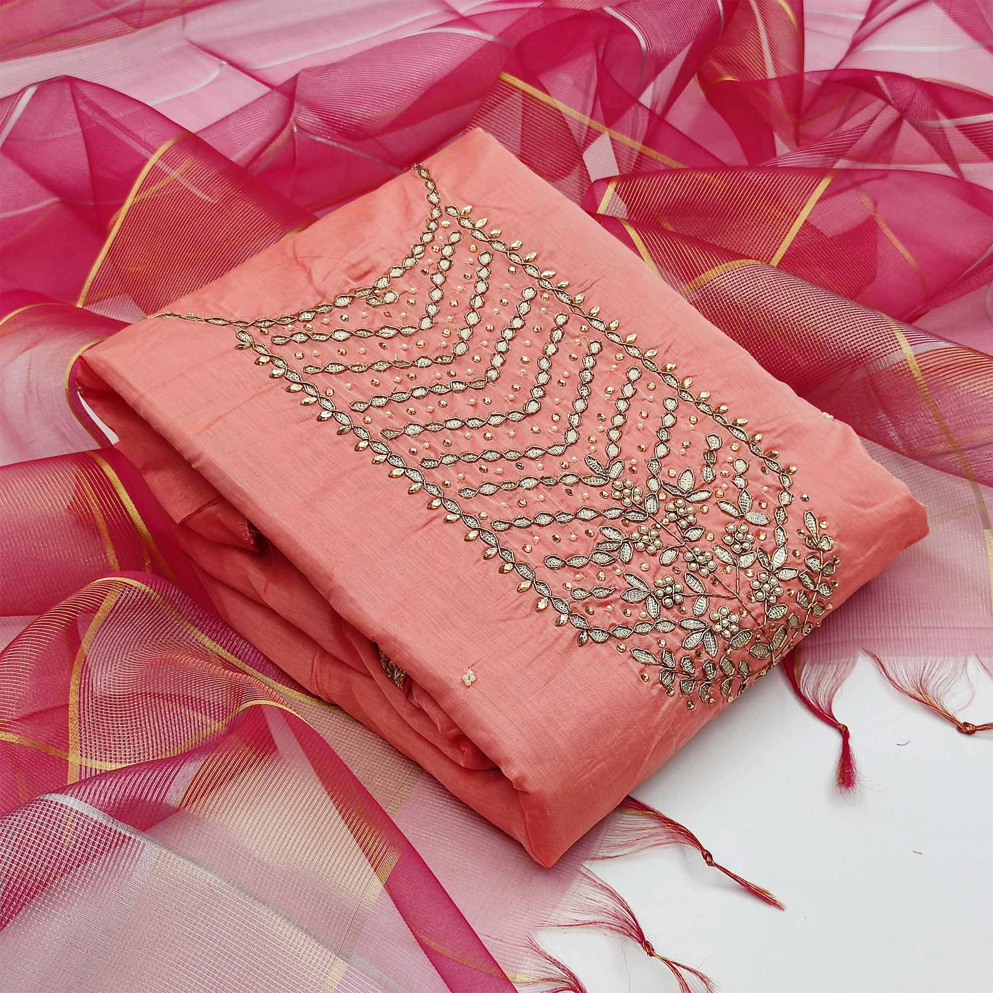 Unique Peach Colored Festive Wear Handwork Modal Chanderi Dress Material - Peachmode