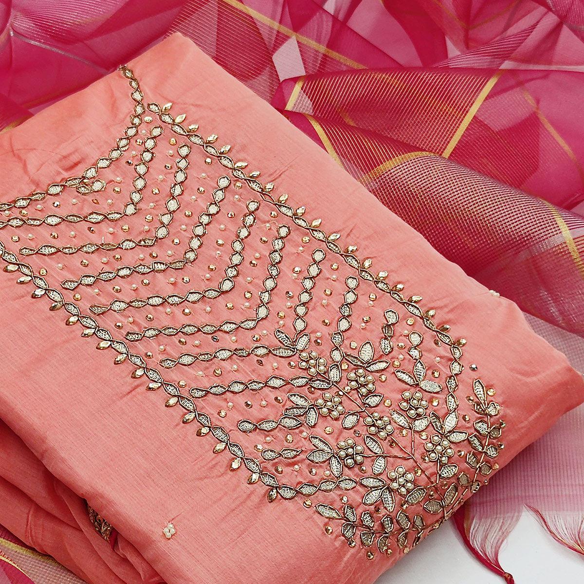 Unique Peach Colored Festive Wear Handwork Modal Chanderi Dress Material - Peachmode