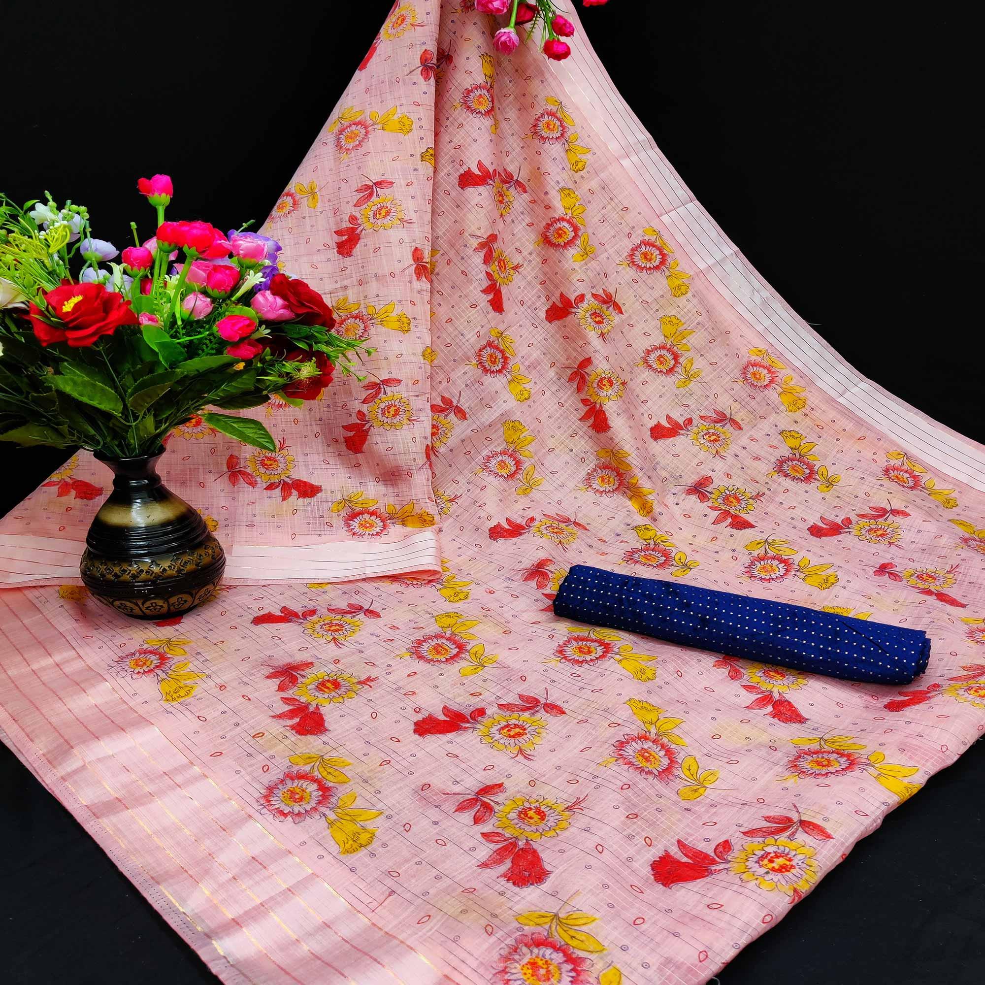 Unique Peach Coloured Floral Print Casual Wear Striped Pattern Cotton Saree - Peachmode