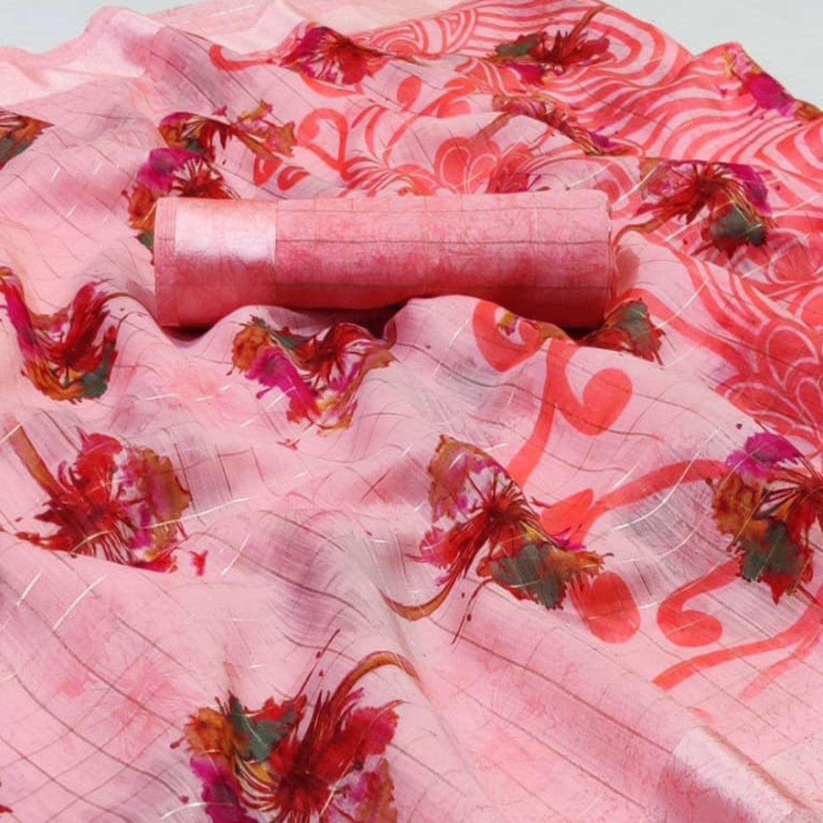 Unique Pink Colored Casual Wear Printed Linen Saree - Peachmode