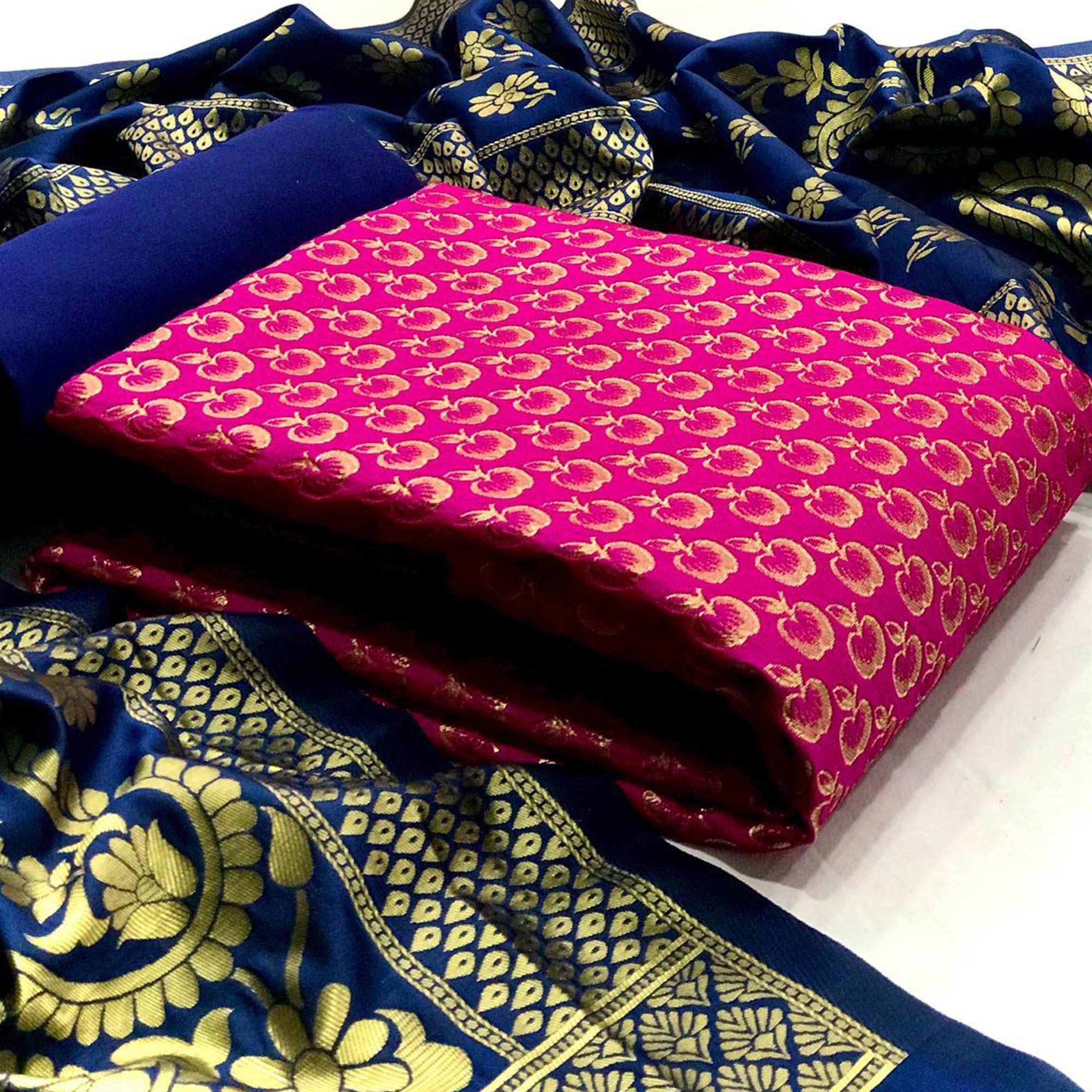 Unique Pink Colored Casual Wear Woven Banarasi Silk Dress Material - Peachmode