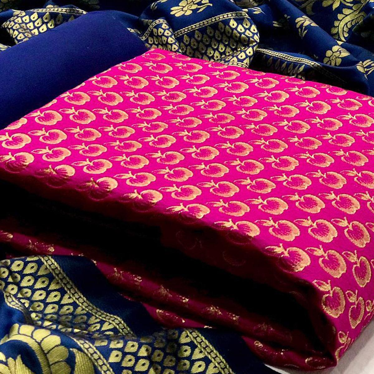 Unique Pink Colored Casual Wear Woven Banarasi Silk Dress Material - Peachmode