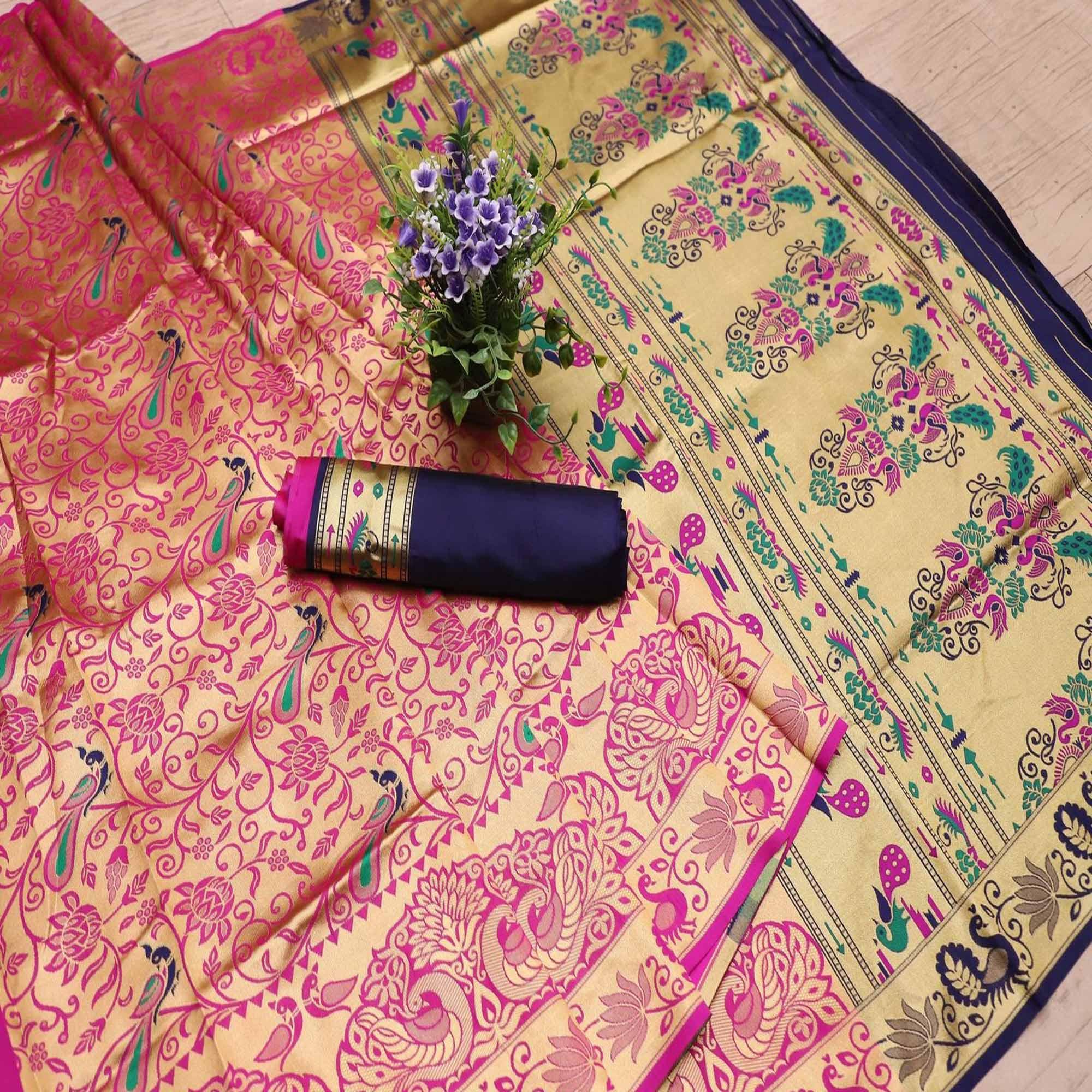 Unique Pink Colored Festive Wear Printed Banarasi Silk Saree - Peachmode