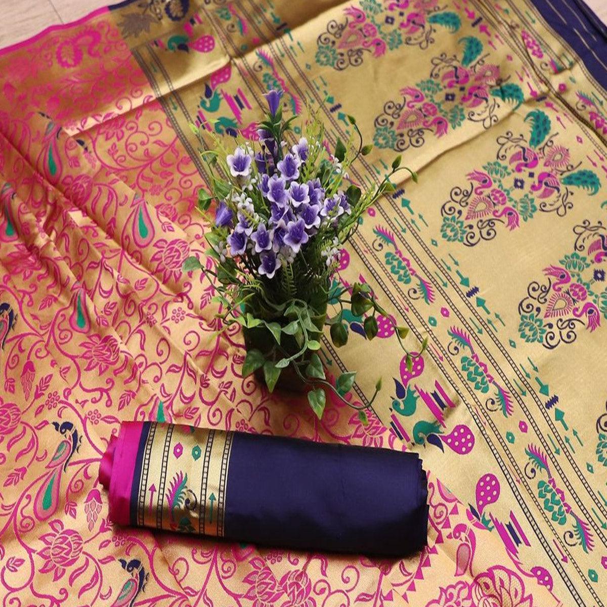 Unique Pink Colored Festive Wear Printed Banarasi Silk Saree - Peachmode