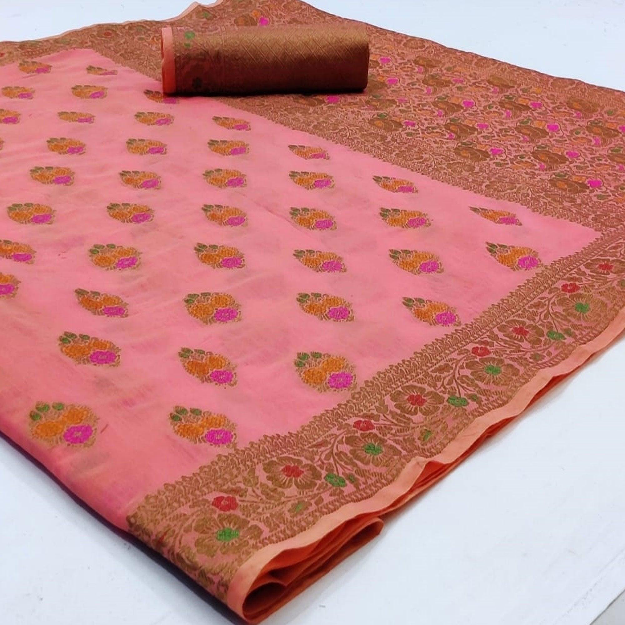 Unique Pink Colored Festive Wear Woven Cotton Saree - Peachmode