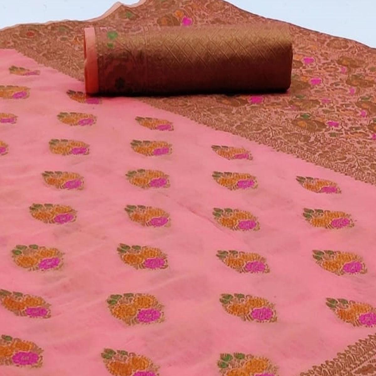 Unique Pink Colored Festive Wear Woven Cotton Saree - Peachmode