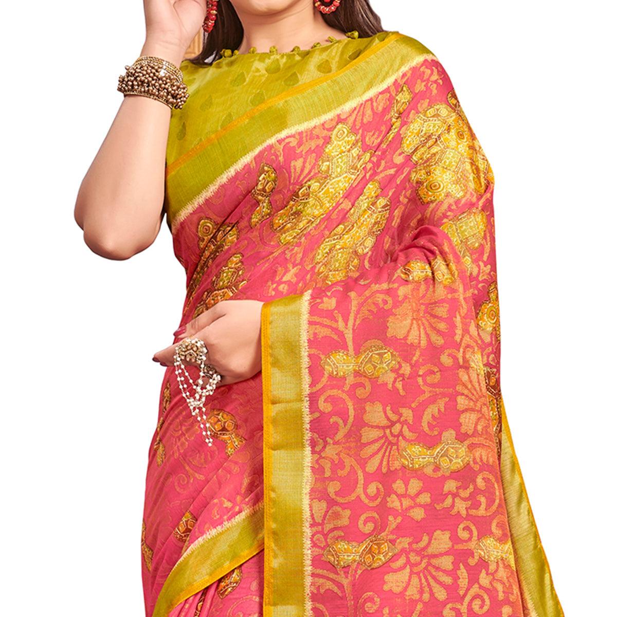 Unique Pink Colored Festive Wear Woven Two Tone Brasso Saree - Peachmode
