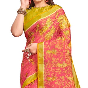 Unique Pink Colored Festive Wear Woven Two Tone Brasso Saree - Peachmode