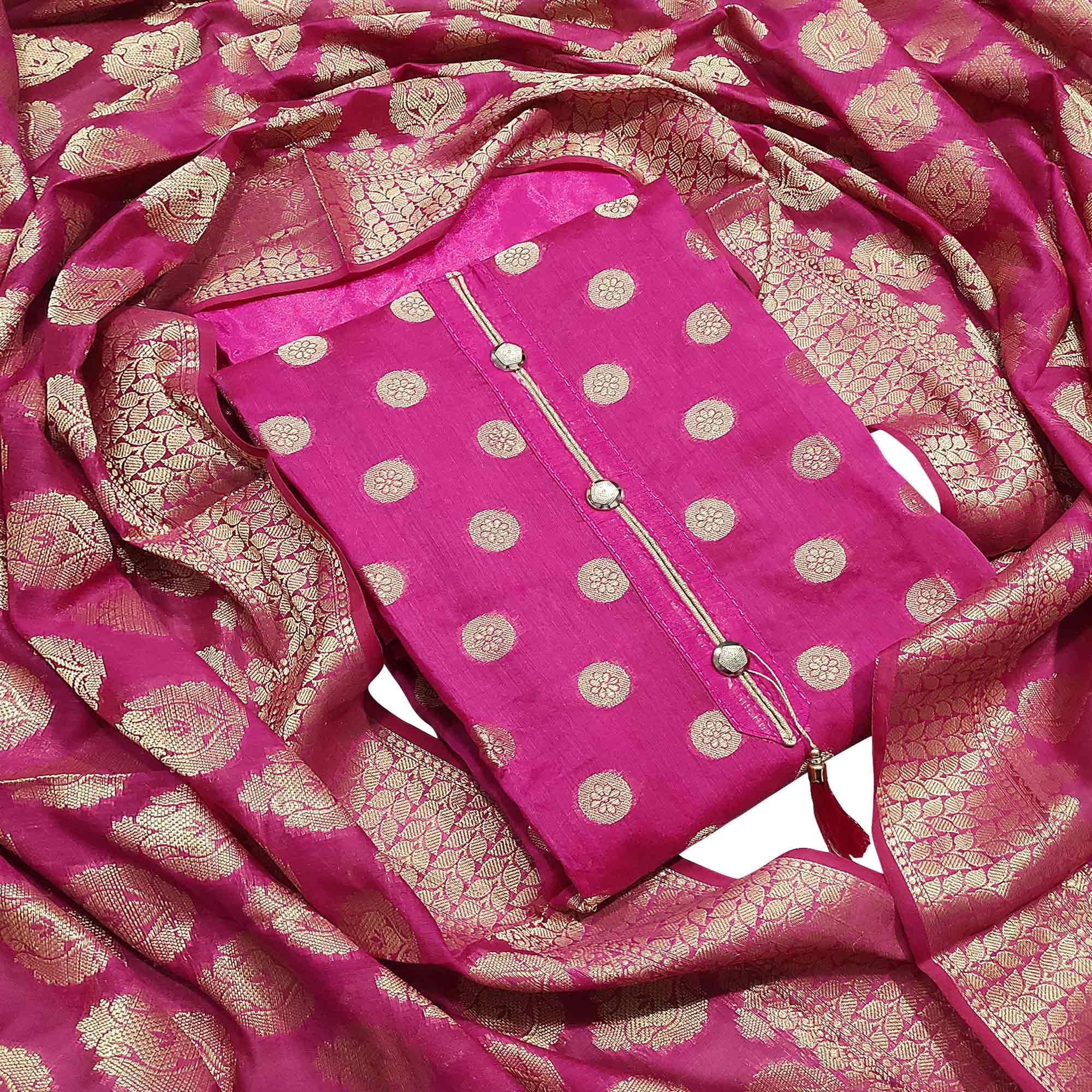 Unique Pink Woven Banarasi Silk Dress Material - Peachmode