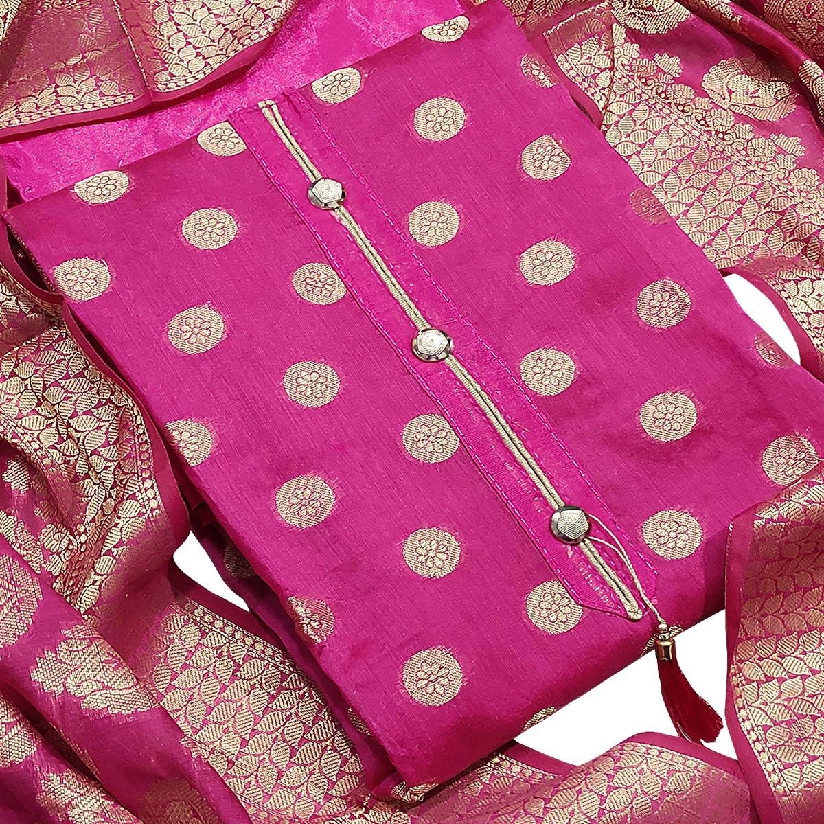 Unique Pink Woven Banarasi Silk Dress Material - Peachmode