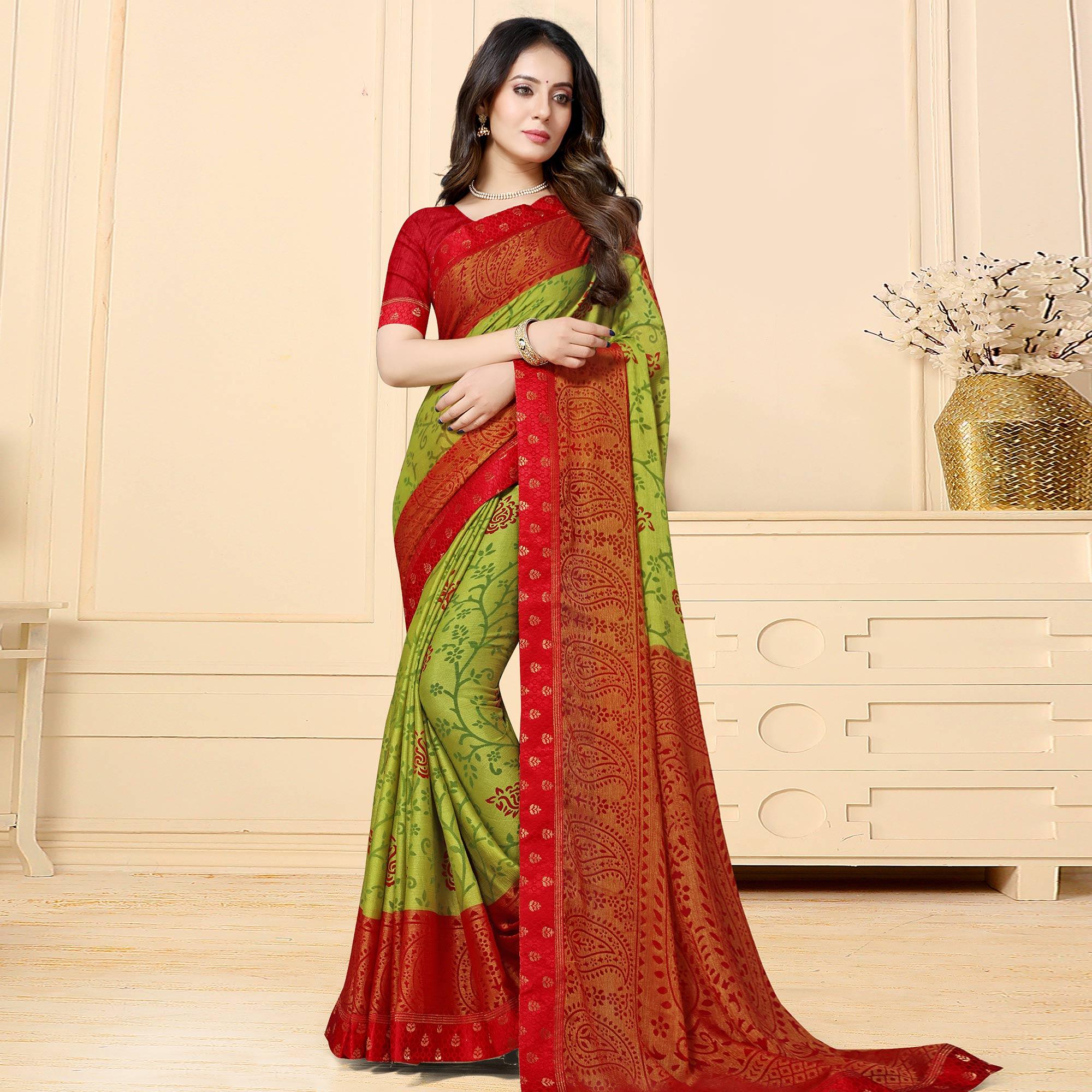 Unique Pista Green Colored Festive Wear Printed Chiffon Brasso Saree - Peachmode